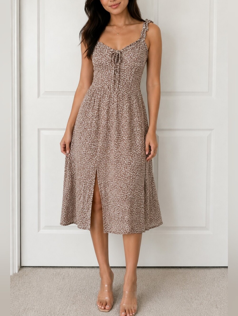 Japna Micro Leopard Print Boho Midi Dress Small Tie Front Side Slit EUC